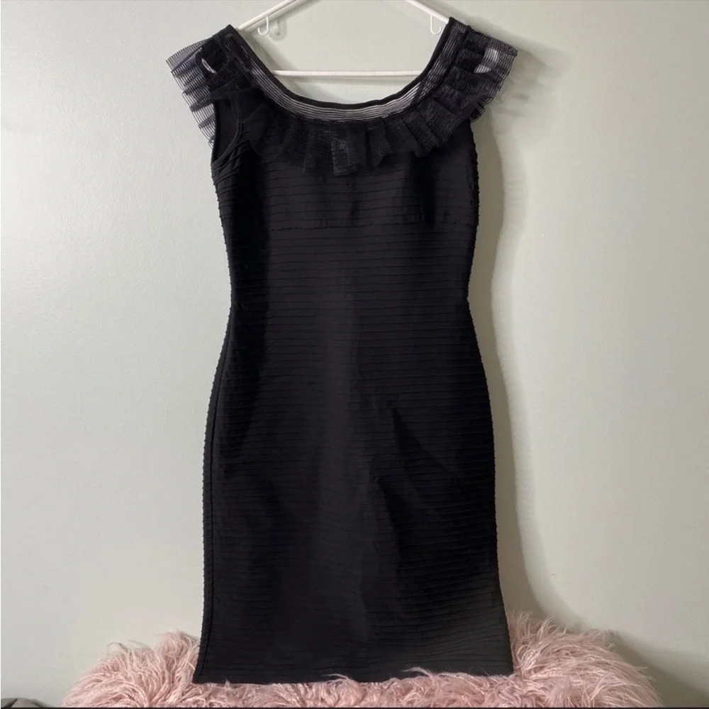 Tadashi Shoji Black Ruched Ruffle Neck Dress